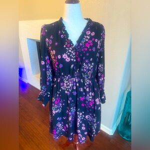 Kate Spade Sz 12 Black Dress with Pink and Purple Flowers. Long Sleeve